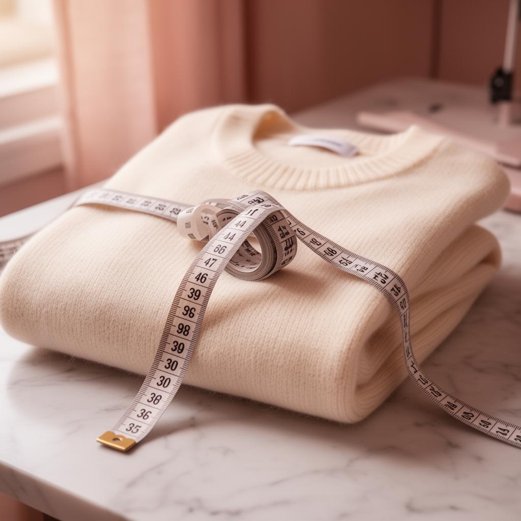 Tape measure draped over a folded cashmere sweater